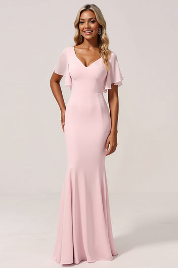 Mermaid Chiffon V-Neck Pink Bridesmaid Dress